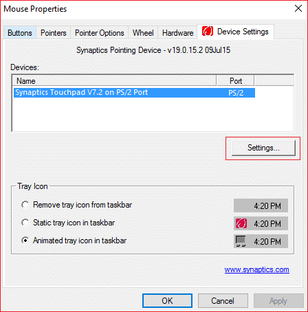 Cambie a la pestaña Panel táctil o Configuración del dispositivo y luego haga clic en Configuración