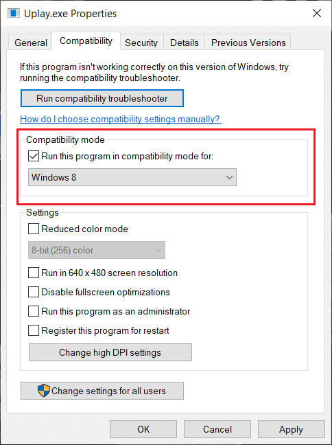 Marque Ejecutar este programa en modo de compatibilidad y seleccione la versión de Windows adecuada