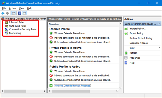 Impostazioni avanzate di Windows Defender Firewall