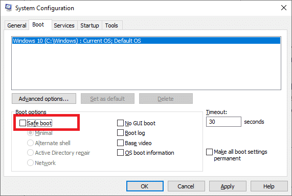 ที่นี่ ให้ทำเครื่องหมายในช่อง Safe boot ใต้ Boot options และคลิก OK  แก้ไขอุปกรณ์ไม่ถูกโยกย้ายใน Windows 10