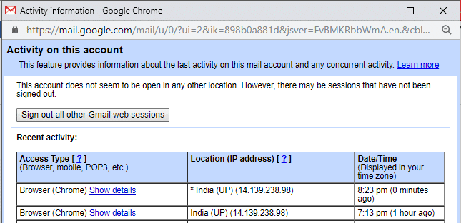 Cliquez sur Se déconnecter de toutes les autres sessions Web Gmail