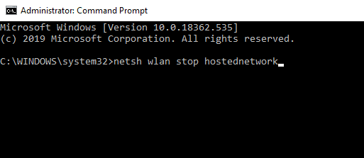 Om het nieuw gemaakte draadloze netwerk te stoppen typt u de opdracht in de opdrachtprompt