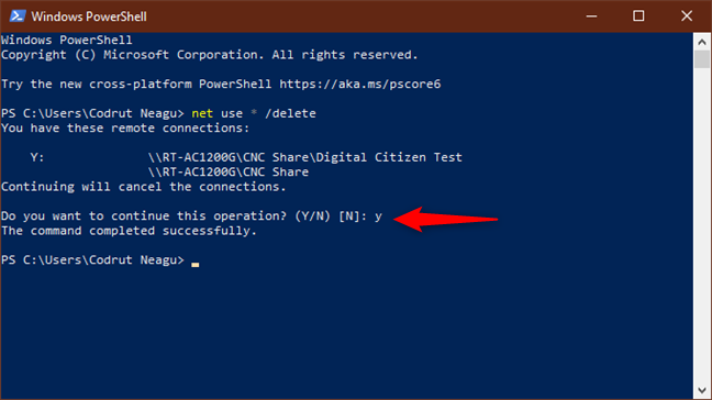 Введите Y, чтобы подтвердить удаление всех подключенных сетевых дисков.