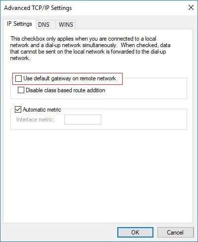 Desmarque Usar puerta de enlace predeterminada en una red remota
