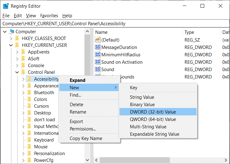 Fare clic con il pulsante destro del mouse su Accessibilità, quindi selezionare Nuovo, quindi Valore DWORD (32 bit).