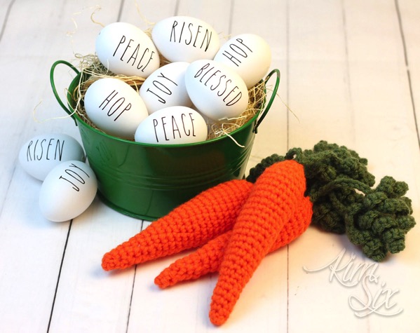 Rae Dunn Eggs and Crocheted Carrots