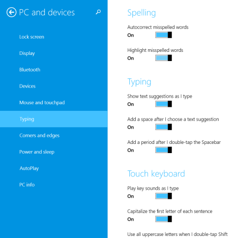 Windows 8.1, aanraken, toetsenbord, geluiden, autocorrectie, instellingen, spelling