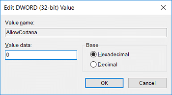 Nombre esta clave como AllowCortana y haga doble clic en ella para cambiar su valor a 0