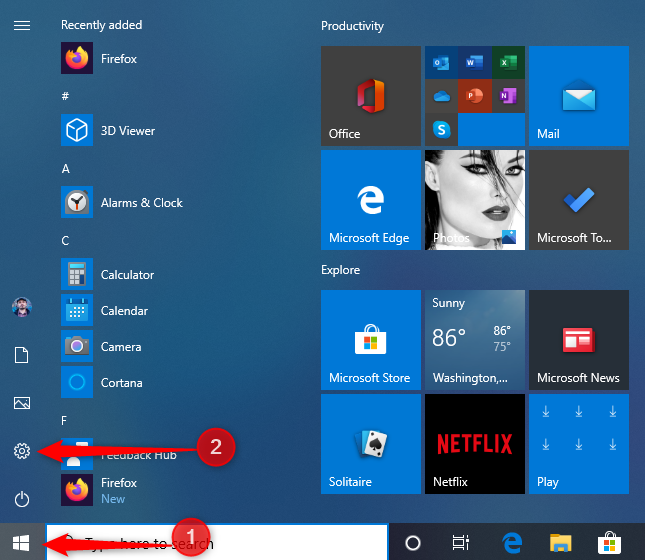 De snelkoppeling Instellingen in het startmenu van Windows 10