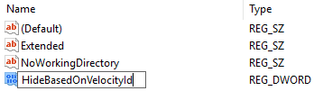 Přejmenujte výše uvedený DWORD na HideBasedOnVelocityId a stiskněte Enter
