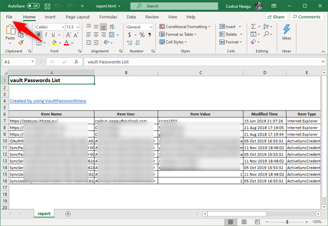 Apertura del file delle password HTML con Microsoft Excel