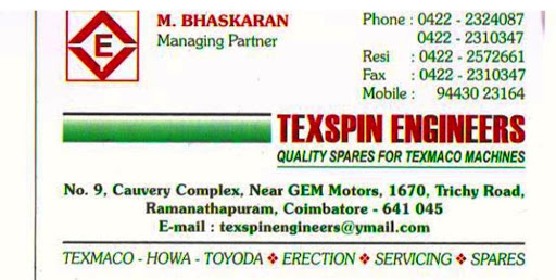 Texspin Engineers, Cauvery Towers, Trichy Rd, Ramasamy Nagar, Ramanathapuram, Coimbatore, Tamil Nadu 641045, India, Textile_Engineer, state TN