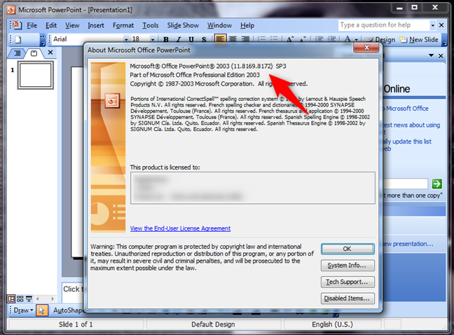 Información de la versión de PowerPoint 2003