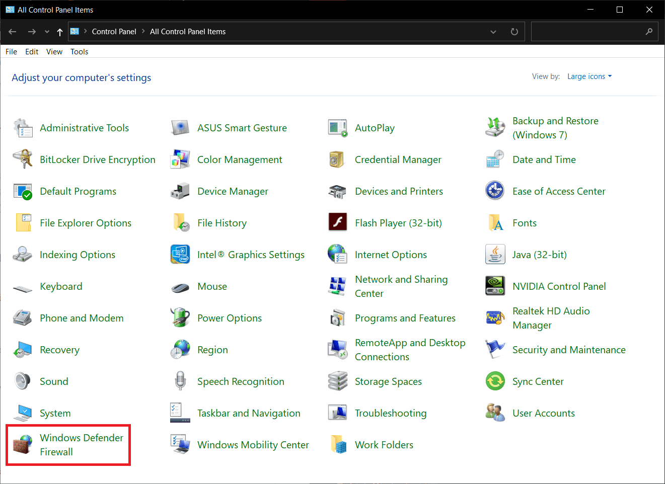 kliknij Zapora Windows Defender