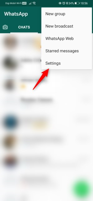 La voce Impostazioni da WhatsApp per Android