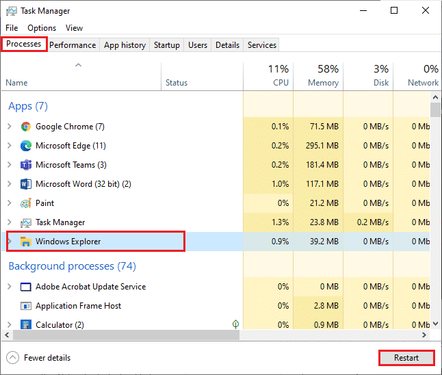 En la pestaña Procesos, haga clic en Explorador de Windows y seleccione el botón Reiniciar