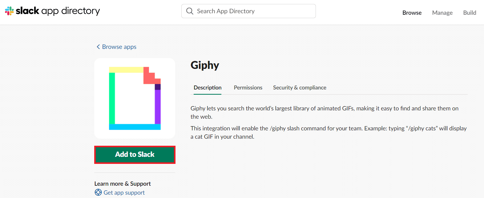 En la nueva página de la aplicación Giphy, haga clic en Agregar a Slack