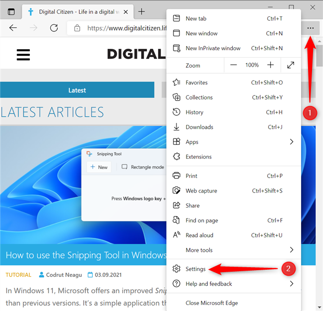 Primero, seleccione Configuración en el menú de Microsoft Edge