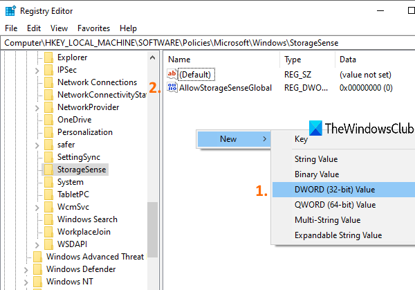 creare il valore DWORD AllowStorageSenseGlobal