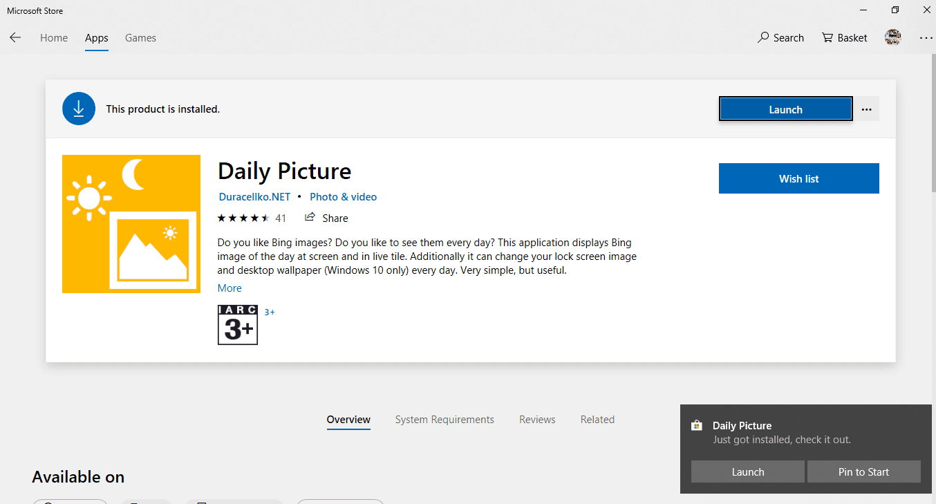 Нажмите кнопку «Запустить» рядом с приложениями Daily Pictures.