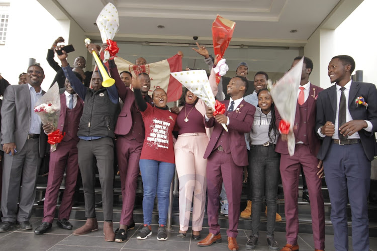 St Paul University students celebrate after scooping Ksh 120 million cash award by HULT prize for their innovation in environmental friendly sanitary towels made from banana fibres at Eka hotel in Nairobi on September 23, 2022.