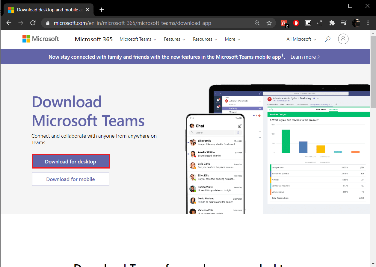 Inicie su navegador web preferido, visite Microsoft Teams