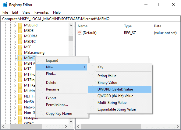 คลิกขวาที่ MSMQ จากนั้นเลือก New DWORD (32-bit) Value