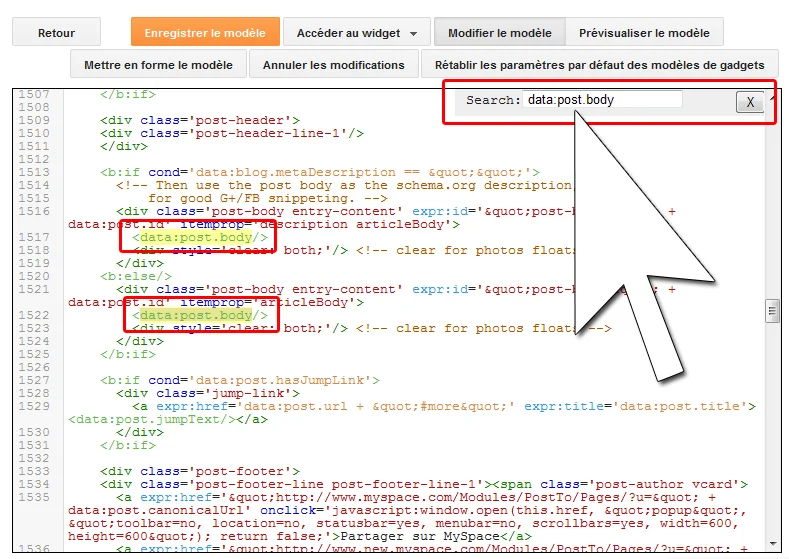 Rechercher dans le code du modèle