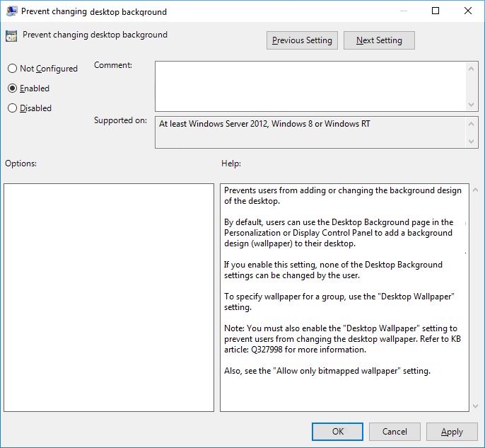 Impostare il criterio Impedisci la modifica dello sfondo del desktop su Abilitato