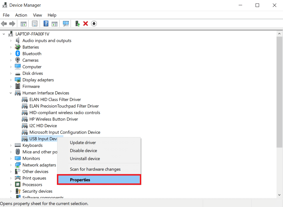 Haga clic con el botón derecho en el dispositivo (por ejemplo, dispositivo de entrada USB) en el que encuentre un problema y seleccione Propiedades.