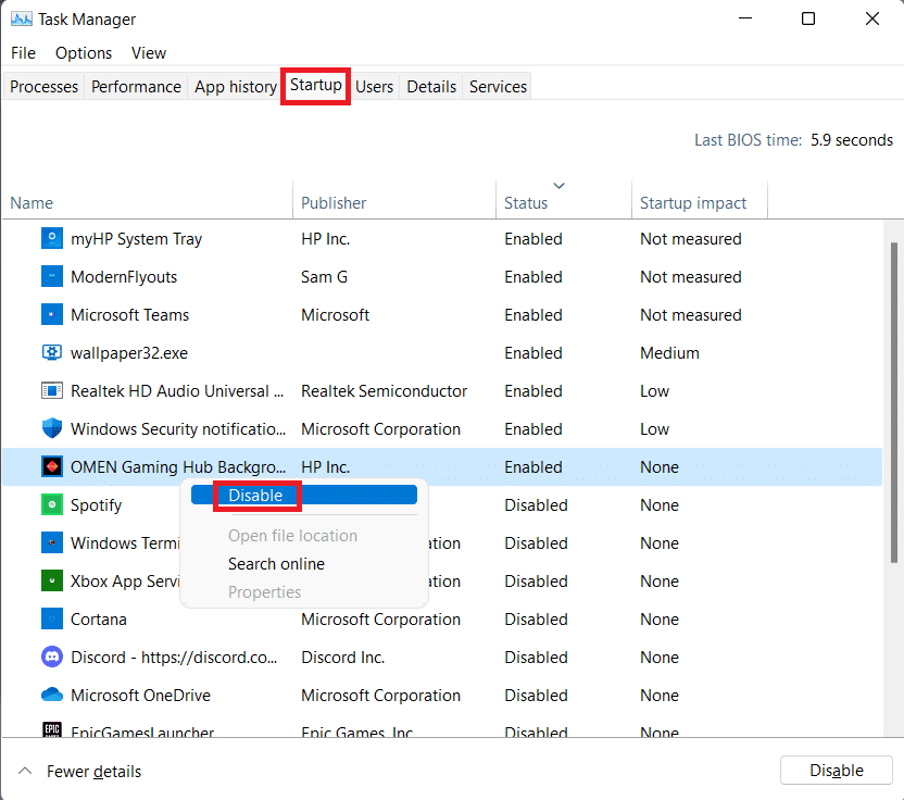 从任务管理器的启动选项卡禁用应用程序。 如何在 Windows 11 中禁用启动程序