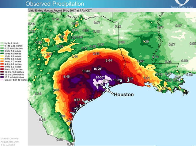 Observed precipitation from Harvey, as of 7 am CDT Monday, 28 August 2017. The Houston area has received 20 – 30” of rain, and the northern suburbs and adjoining areas have received over 30”. Graphic: NWS