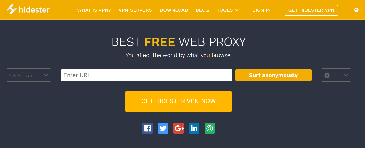 Page Web officielle du site proxy Hidester