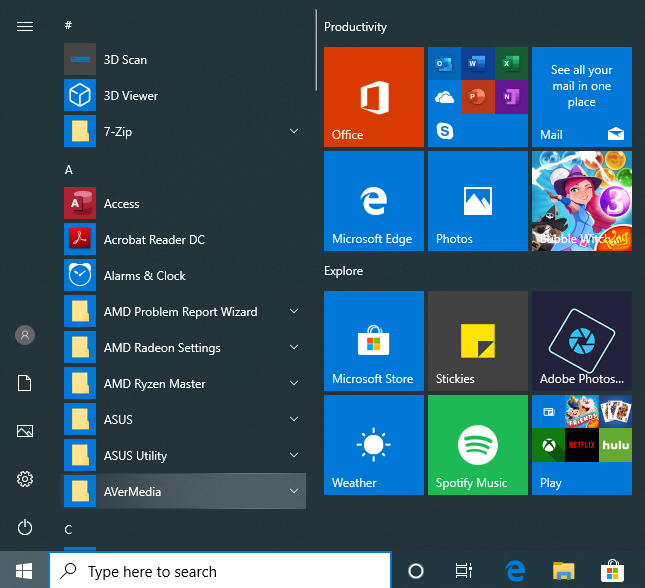 เมนูเริ่มของ Windows 10 พร้อมแอพทั้งหมด