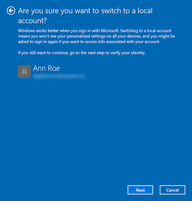 Passer à un compte local dans Windows 10