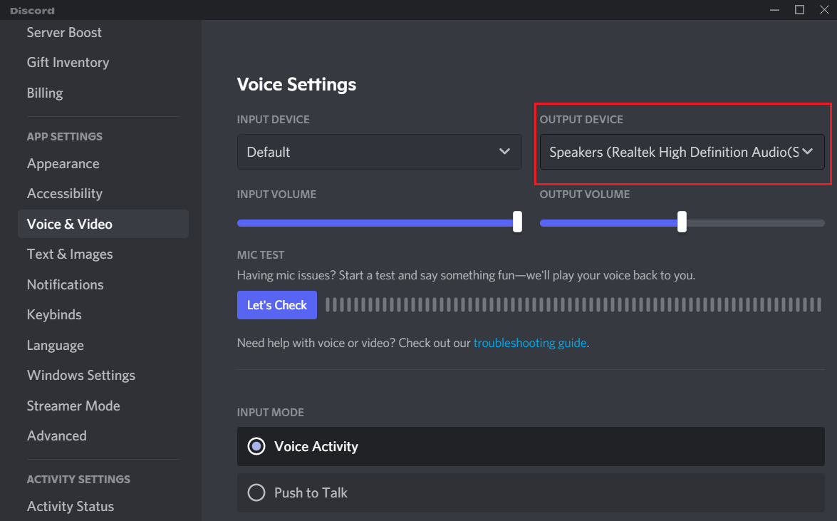 Stel hoofdtelefoon of luidsprekers in als het standaard uitvoerapparaat in Discord |  Discord repareren Fout bij game-audio ophalen