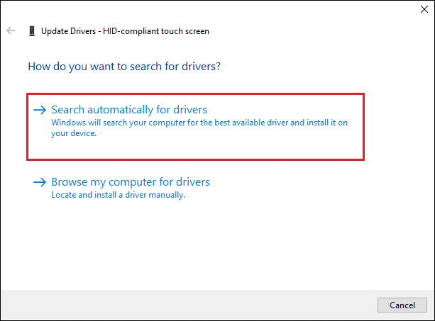 haga clic en Buscar automáticamente controladores en la pantalla táctil compatible con HID Asistente de actualización del controlador para solucionar el problema de mi pantalla táctil no funciona