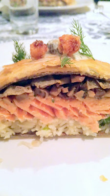 DaNet Third course. Kulybyaka (King Salmon with Sturgeon Cheek Porcini Pie with morel and sour cream dill sauce and viziga cracklings)