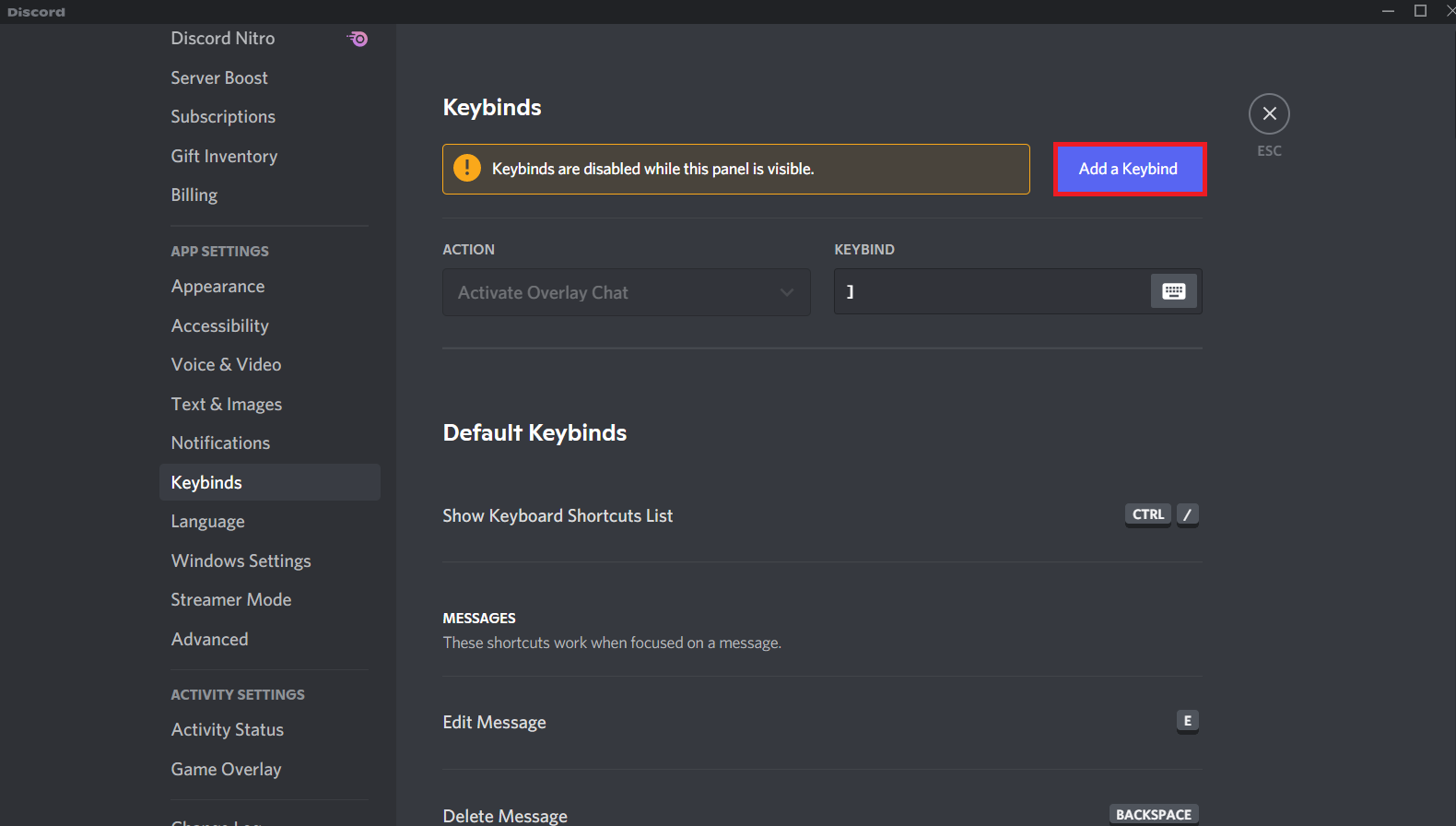 nhấp vào nút Thêm Keybind.  Cách sử dụng Push to Talk on Discord