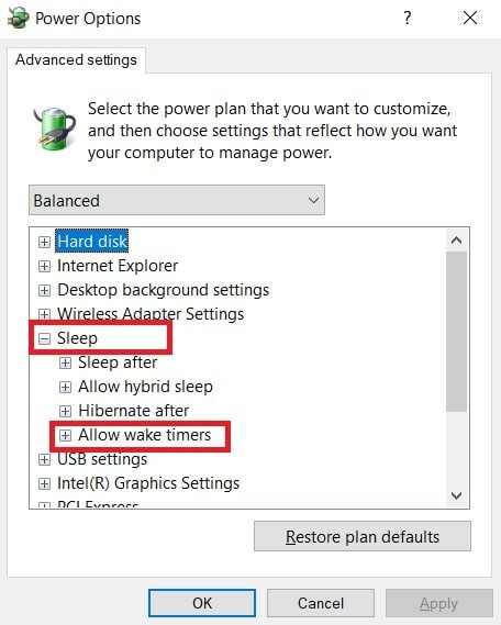 Sta Wake Timers optie toe.  MoUSO Core Worker-proces repareren in Windows 10