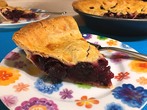 A perfectly baked Bing Cherry Pie ready to be enjoyed!