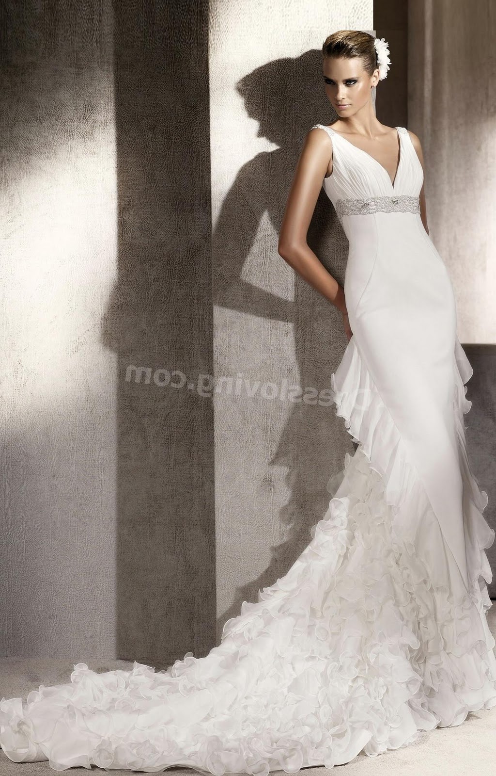 Romantic Satin Organza Empire Cathedral Train V neck backless wedding dress