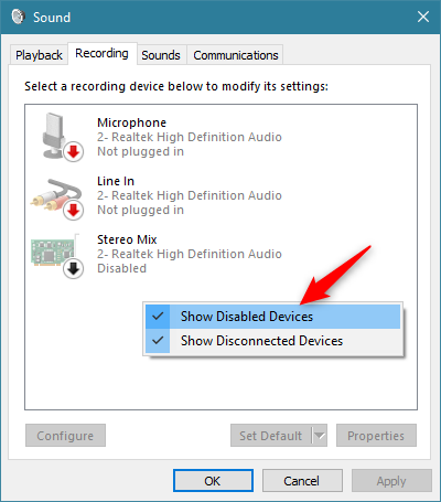 Показывать отключенные и отключенные устройства в окне «Звук»