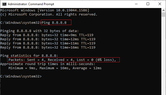 Nyní zadejte do příkazového okna Ping 8.8.8.8 a stiskněte Enter.  Oprava možnosti WiFi, která se nezobrazuje ve Windows 10