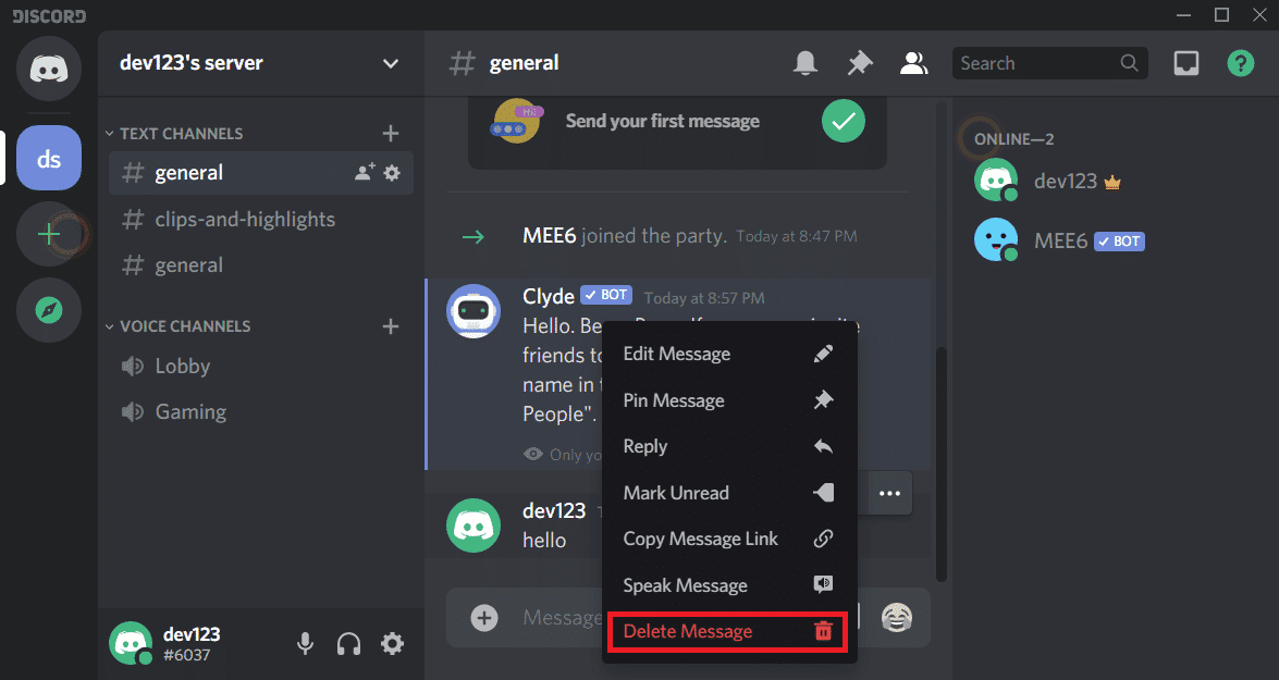 En el menú emergente, toque 'Eliminar'.  |  Eliminar todos los mensajes en Discord