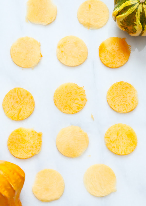 process photo of small pieces of raw sliced pumpkin 