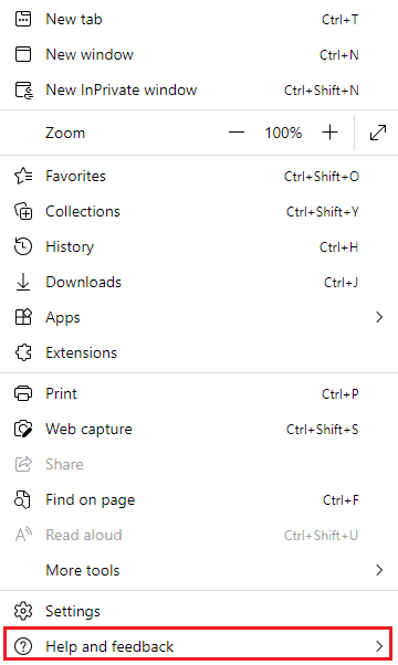 이제 도움말 및 피드백 옵션을 클릭하십시오.  Microsoft Edge에서 INET E 보안 문제 수정