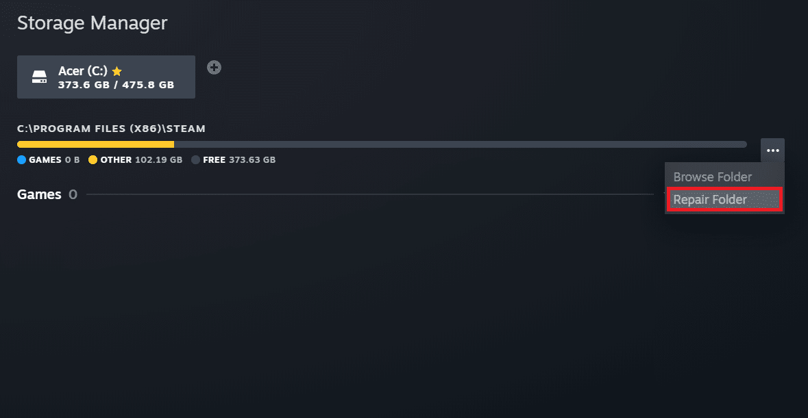 Cliquez sur l'option Dossier de réparation.  Correction de l'erreur de fichiers téléchargés manquants sur Steam