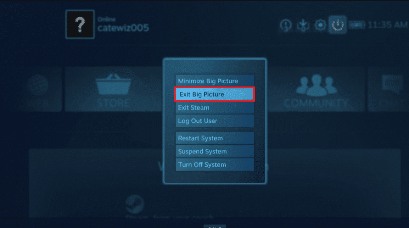 Scegli Esci Big Picture dal menu.  Steam si spegnerà