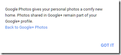 introductory pop up screen letting you go back to the google+ photos view